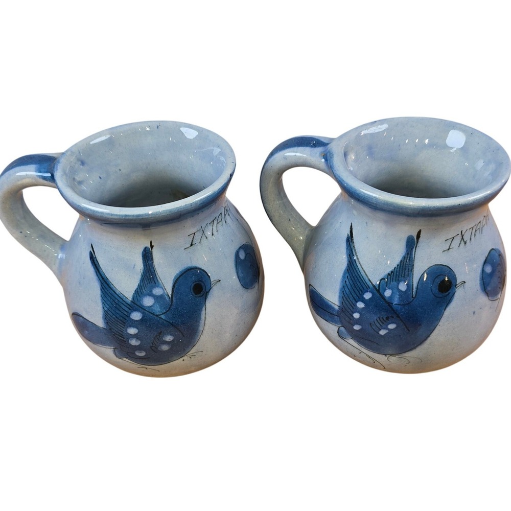 Tonala‎ small 4" Ceramic Mug Blue Bird Flowers Hand-Painted Mexico Vintage Dish